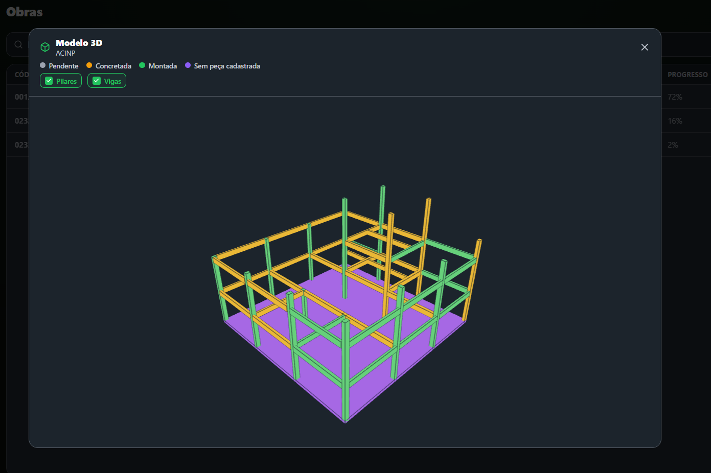 Outro modelo 3D no sistema: pórtico de concreto com peças já montadas em verde