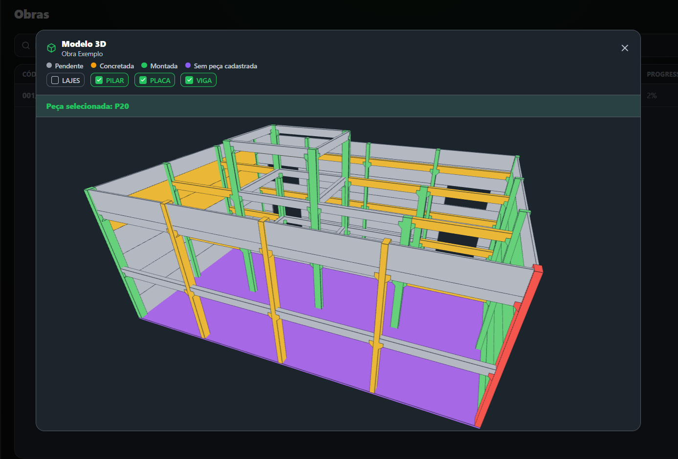 Modelo 3D da obra no sistema, com as peças coloridas pelo status de produção