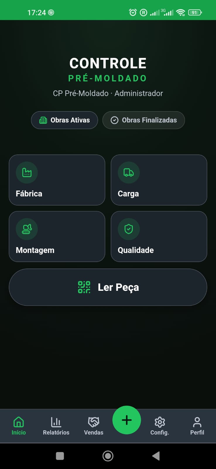 Tela inicial do Controle Pré-Moldado no celular, com atalhos para Fábrica, Carga, Montagem, Qualidade e leitura de peça por QR Code